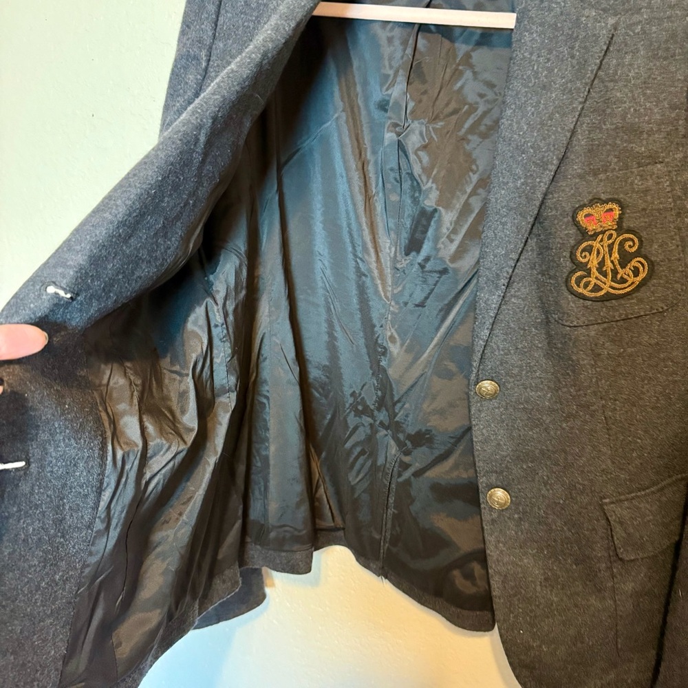 Ralph Lauren Vintage Wool Blazer Jacket Crest Patch Charcoal Gray Size 14 - Picture 14 of 15